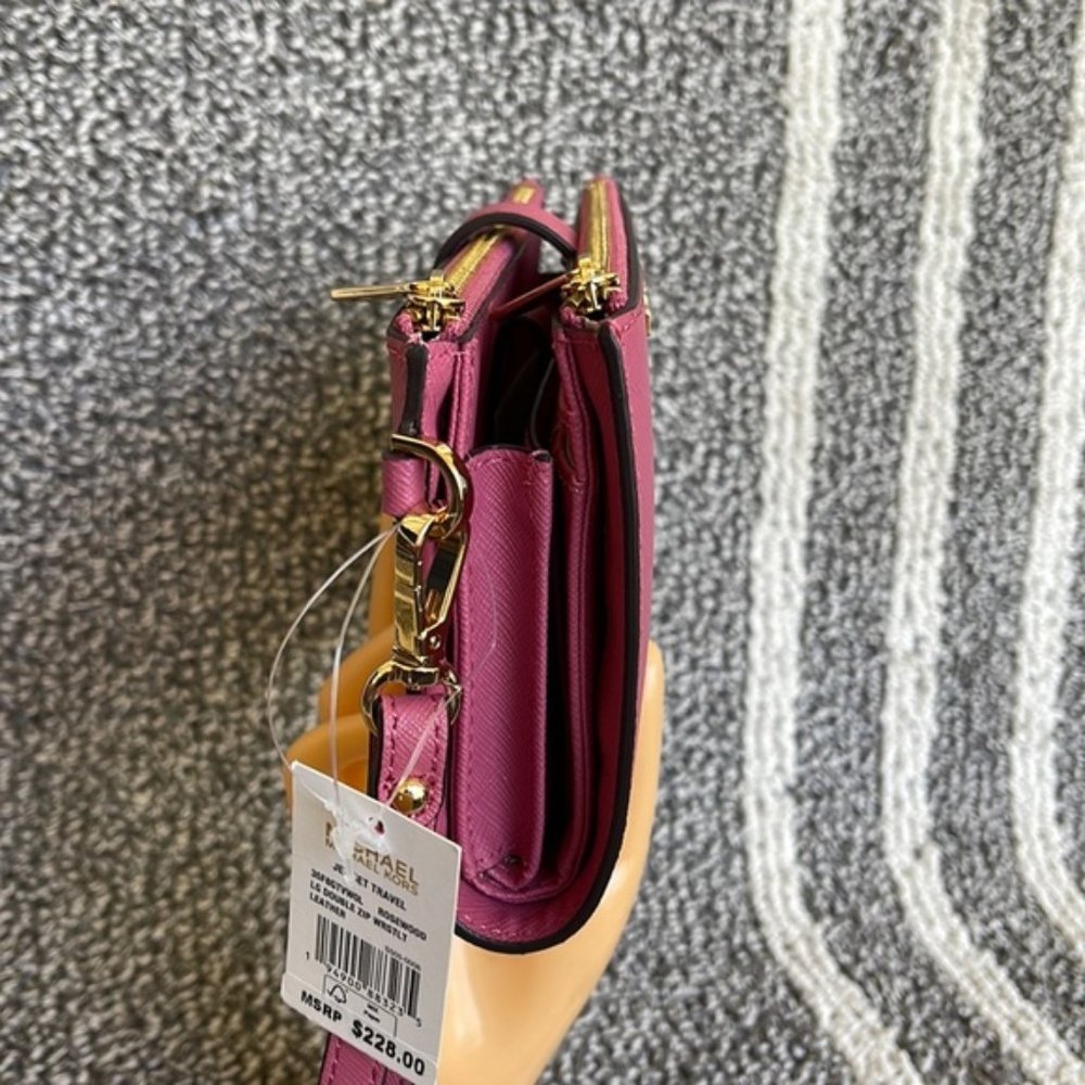 Michael Kors Jet Set Travel Large Double Zip Wristlet Wallet Rosewood Leather - Picture 5 of 16